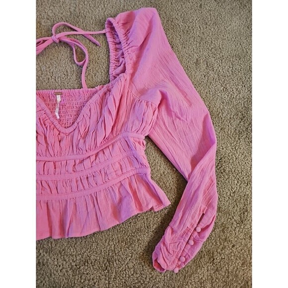 Free People Chloe Top Aurora Pink SMALL Sweetheart Neckline Smocked Back Tie $98 - Picture 7 of 9